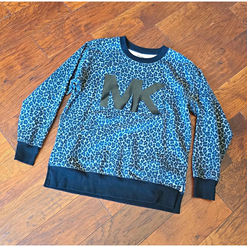 Michael Kors Women’s Pullover Sweatshirt Crew Neck Leopard MK Logo Gray/Black S